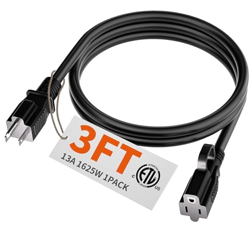 Image of HUANCHAIN Indoor Black Extension Cord 3 ft Waterproof, 16 /3 Gauge Flexible Cold-Resistant Appliance Extension Cord Outside, 13A 1625W 16AWG, 3 Prong Electric Cable, ETL