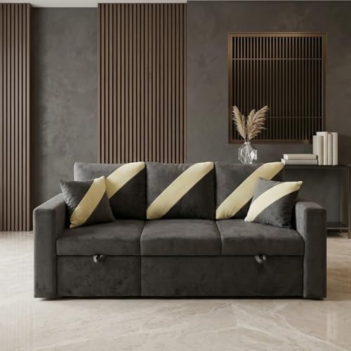 Image of FURNY Trivia 4 Seater LHS Lounger Sofa Cum Bed (Dark Gray) with Pull-Out Function | Luxury Velvet Suede Finish | Durable Comfort | Ideal for Living Room