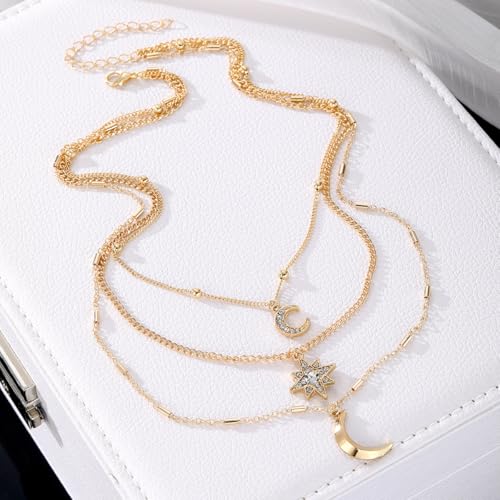 Layered Moon and Star Necklace Set, Gold-Tone Chain, Crystal Rhinestone Pendants, 3-Piece2
