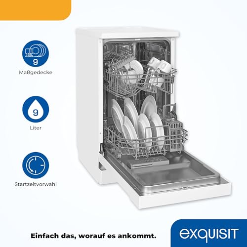 Exquisit Geschirrspüler GSP9309-030E weiss | Geschirrspüler 45 cm unterbaufähig und freistehend | 9 Maßgedecke | LED | Spülmaschine 45 cm freistehend