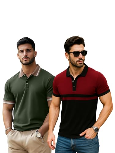 Image of Veirdo Pack of 2 Pure 100% Cotton Regular Fit Classic Polo Collar T-Shirts for Men & Boys