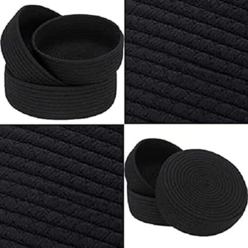 Image of AuraNest Set of 3 Black Cotton Rope Storage Baskets - Round Decorative Organizer Bowls for Kitchen, Snacks, Fruits, Keys, Tabletop Storage & Modern Home Decor (Black)