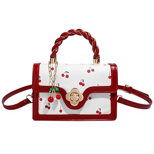 Bolsa de couro cereja – Linda bolsa de ombro Y2K para mulheres, bolsa de mão vermelha com alça superior, bolsa clutch com estampa de frutas, Bokendi quadrado vermelho, Small, Casual