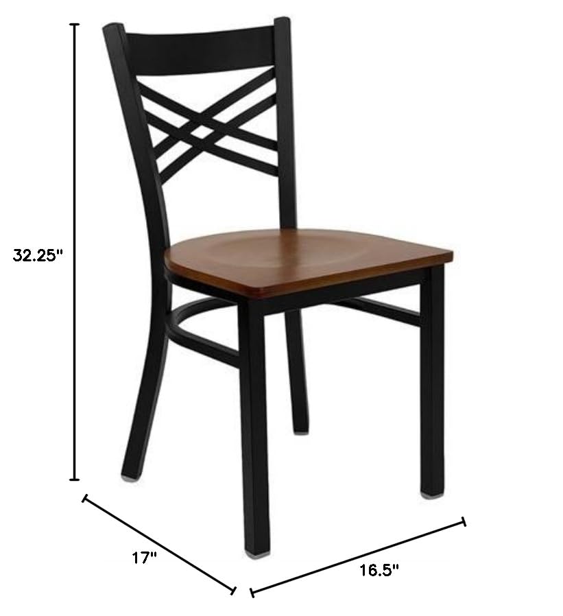 Image of Flash Furniture HERCULES Series Black ''X'' Back Metal Restaurant Chair - Cherry Wood Seat