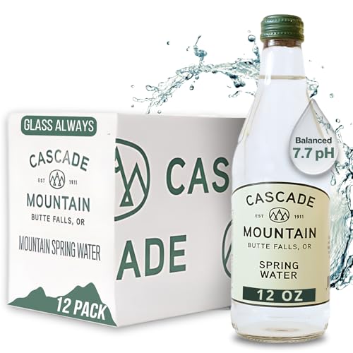 Cascade Mountain Spring Water in Glass Bottles | 12oz (12 Pack) | 7.7 pH Balanced, Purified, Natural Spring Bottled Drinking Mineral Water – Elevate Your Hydration