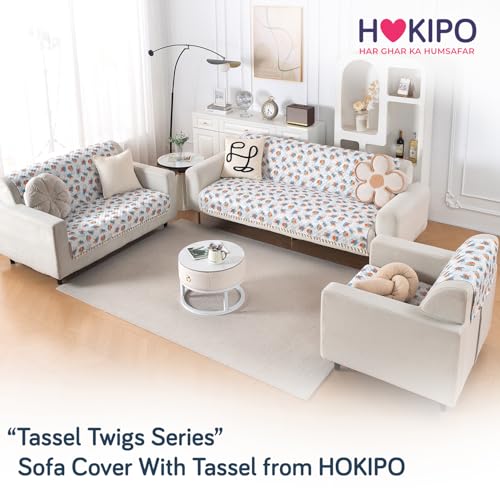 Image of HOKIPO Abstract Petals Quilted Sofa Cover for 3 Seater with Tassels for Seat & Back, 'Tassel Twigs' Series (IN-991-T10)
