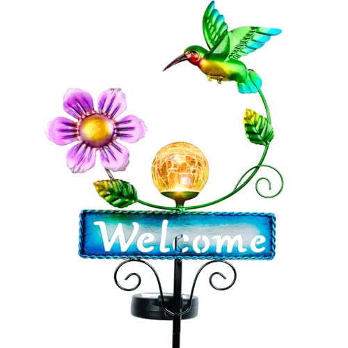 FOMOMDI Outdoor Solar Garden Lights with Welcome Sign, Hummingbird Ornament Metal Stake Lights for Lawn, Patio, Cracked Glass Balls (Hummingbird)