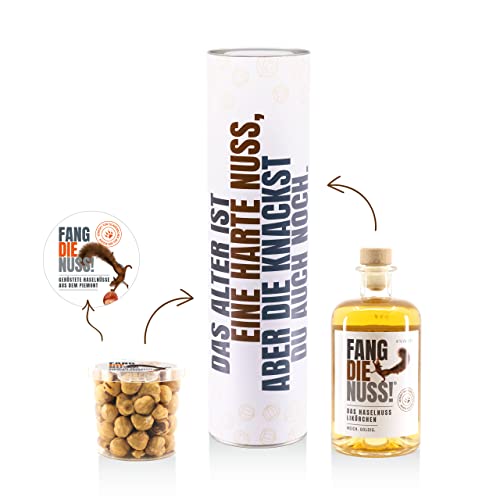 Fang die Nuss! | Geschenkset Lustige Box | 500ml Haselnusslikör 18% + 60g Geröstete Haselnüsse aus dem Piemont I.G.P. + Box | Das Alter ist eine harte Nuss, aber die knackst du auch noch! Cover