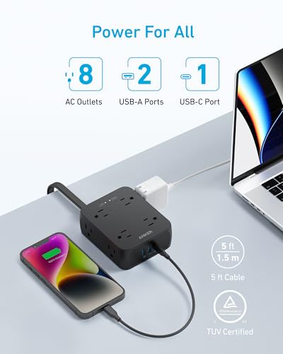 Anker Surge Protector Flat Plug Power Strip 2000J, 5ft Thin Extension Cord, 8 Outlets,2 USB A and 1 USB C Port,20W for iPhone15,Wall Mount,Compact for Home,Office,Room,TUV Listed (Black, 5FT)