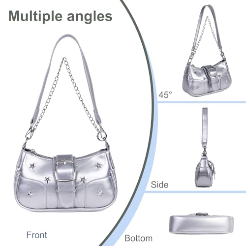 Image of Women's Y2k Silver Metallic Hobo Purse - Sparkly Evening Shoulder Bag for Party, Wedding, Going Out Handbag | Metallic Evening Bag