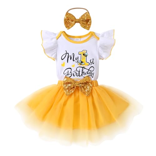 HAPPYMA Baby Girls One 1st Birthday Outfit Bee Sunflower Romper Tulle Tutu Skirt Sequin Bow Party Clothes SetRuffle Sleeve&Bee 6-12 Months
