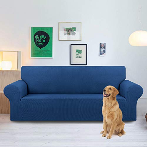 KEKUOU Stretch Oversized Sofa Slipcover 1 Piece Couch Sofa Cover (94"-110") Furniture Protector 4 Seater Sofa with Elastic Bottom for Kids,Pet.Jacquard Checked Pattern Fabric(X Large,Classic Blue)