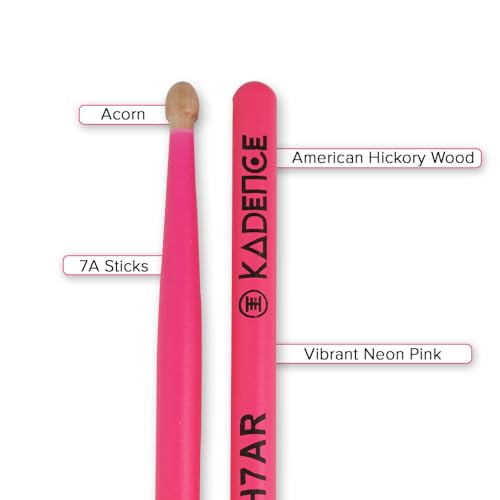 Image of Kadence AH7AR Touring Series Neon 7A Drumsticks | Premium American Hickory Wood | Acorn Tip with Smooth Matte Finish | Includes Protective Plastic Case | Pink