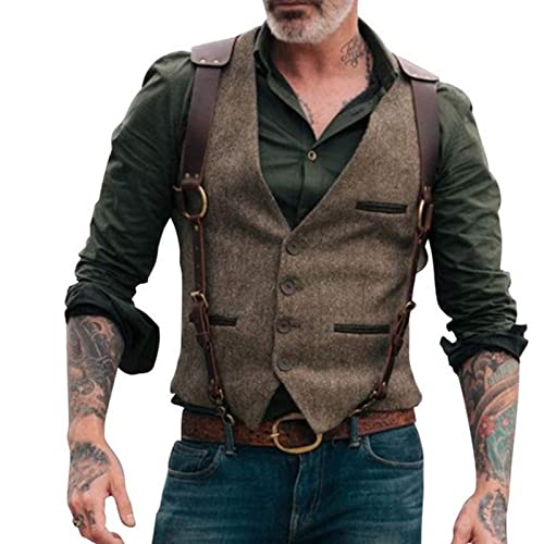 Wool Tweed Men Suit Vests Punk Waistcoat with Leather Slim Fit Vests