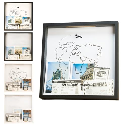 Xuanzuly Adventure Archive Box Travel Shadow Box with Slot Shadow Box with Slot Black and White Store Memories: Money from Different Countries Photos Plane Tickets Movie Tickets (Black 12x12)