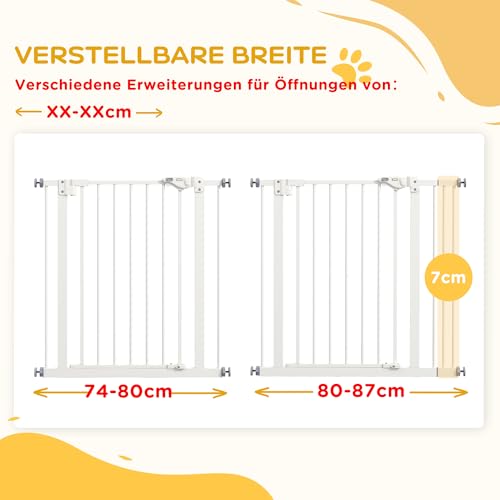 PawHut Türschutzgitter Treppenschutzgitter mit 7 cm Verlängerung Türgitter ohne Bohren mit Auto-Close Treppengitter für Breiten 74-87 cm Beidseitig Schwenkbar Metall Weiß
