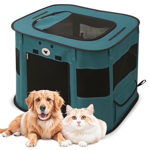 ALLSOPETS Recinto per Cani da Interno Pieghevole, Anche per Esterno, Box Traspirante Portatile per Gatti Conigli Cuccioli con Borsa da Trasporto, per Viaggi e Campeggio (Blu Reale, M)