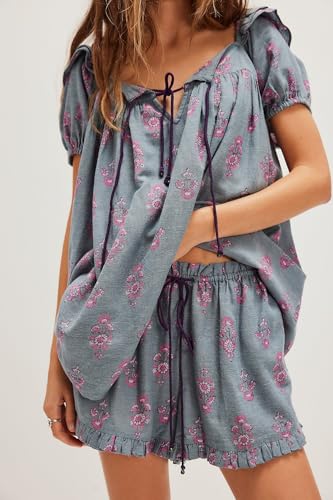 Image of ROAONOCOMO Women Floral Pajama Set Ruffle Puff Sleeve Peplum Shirt Coquette Pj Set Bow Babydoll 2 Piece Shorts Outfit