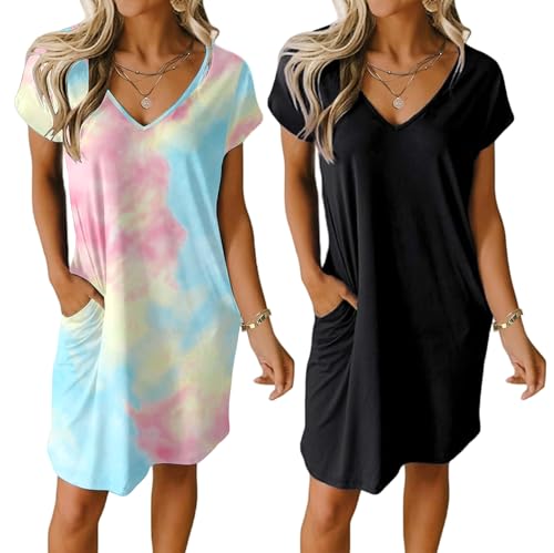 Image of Ekouaer Womens 2 Pack Nightgown V Neck Sleepshirt Short Sleeve Nightshirt Plain/Floral Pajama Dress with Pockets