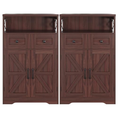 Befrases Set of 2 Dark Brown Storage Cabinet with Drawers and Shelves, Standing Kitchen Pantry Cabinet, Floor Storage Cabinet Hutch Cupboard, Coffee Bar Station for Dining Living Room Home Office