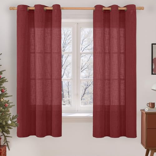 Image of LAMIT Burgundy Red Sheer Linen Curtains 63 Inch Length, Linen Textured Light Filtering Panels Bronze Grommet Christmas Decor Drapes for Bedroom /Living Room, 2 Panels Set, 34 x 63 Inch