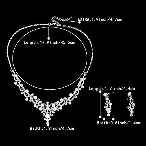 BriLove Wedding Bridal Simulated Pearl Necklace Earrings Jewelry Set for Women Filigree Vine Y-Necklace Dangle Earrings Set Clear Silver-Tone
