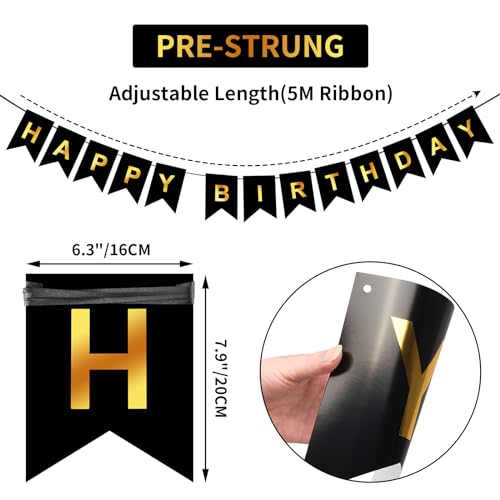 Image of Happy Birthday Banner,Pre-Strung Black and Gold Party Decorations,16ft Pre-Strung Hanging Sign for Kids, Girls, Boys, Women - No DIY, Backdrop Supplies
