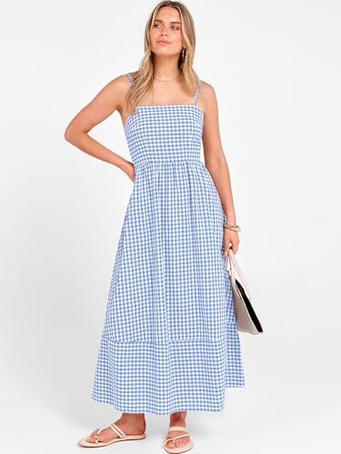 Image of Caracilia Womens Maxi Dresses Gingham Spaghetti Strap Back Smocked Flowy Long Sundress Summer Beach Vacation Clothes 2026