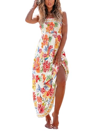Image of CUPSHE Women's Floral Maxi Dress Spaghetti Strap Summer Boho Beach Dress Smocked Sundress Casual Vacation Flowy Long Dress