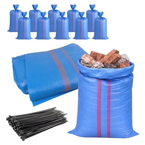 Sacs gravats en polypropylène bleu ultra résistants 100 kg – Lot de 10 + 10 colliers de serrage | Sacs PP anti-déchirure pour la construction, les...