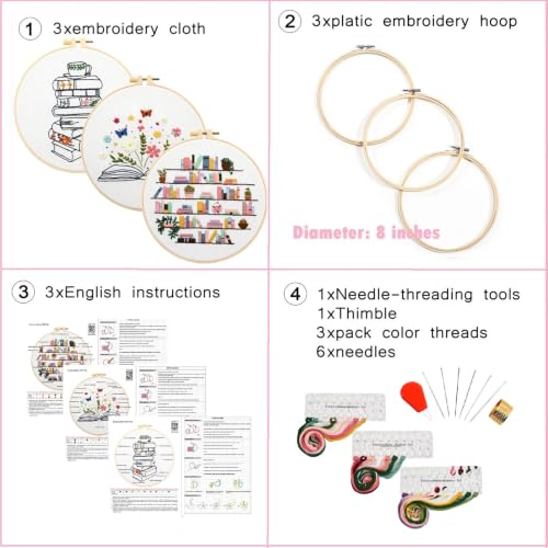 Image of Armindou Flowers Embroidery Kits for Beginners Adults, Hand Embroidery Set Needlepoint Kits, Floral Book Stamped Cross Stitch Kits for Beginners Adults, 3 Embroidery Hoops (Attached Video Tutorial)