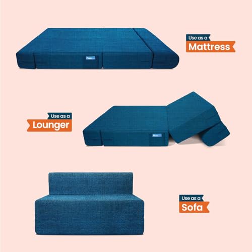 Image of Starlon 2 Seater Sofa Cum Bed Foldable 3-in-1 Sofa Bed with 1 Year Warranty, Washable Jute Fabric Cover & 2 Floral Pillows | Aqua Teal 4x6 Ft