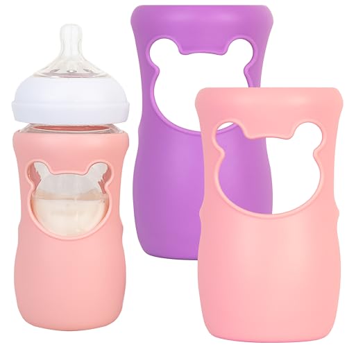 Image of Philips Avent Silicone Baby Bottle Sleeves - Anti Breakage Holder for Natural Glass Baby Bottles, Compatible with Avent, 8oz - Pack of 2 (Pink and Purple)