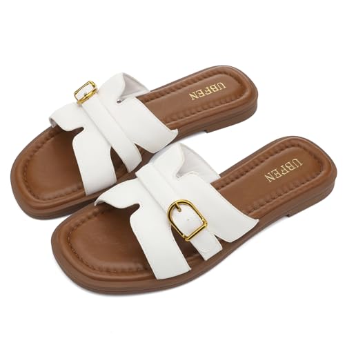 Image of UBFEN Womens Square Toe Flat Sandals Slides Dressy Comfortable for Beach