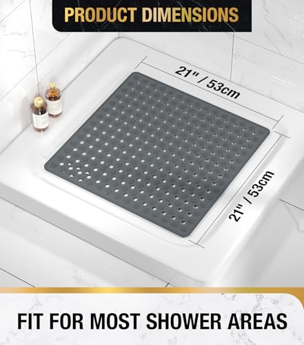 Image of HITSLAM Shower Mat Anti Slip, Square Bath Mat for Tub Non Slip with Suction Cups and Drain Holes, 21x21 Inch Bathroom Shower Stall Floor Mat, Machine Washable, Soft on Feet, Dark Grey
