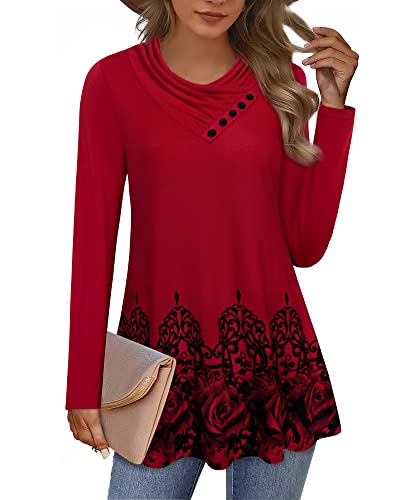 Gaharu Women's Long Sleeve Button Cowl Neck Floral Printed Casual Tunic Tops2