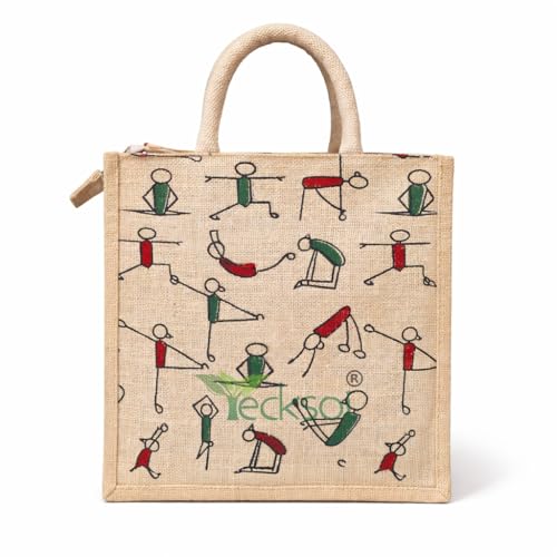 Image of Handbag | Natural Jute Fabric with Zipper Dual Straps | Tote-Bag | Unisex Printed Large Capacity Carry Bag | Pefect For Storage, Travel & Grocery Shopping | Lightweight - Printed (White) | Lightweight