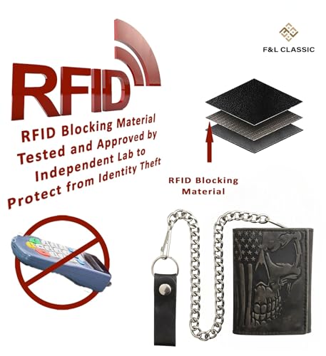 Image of F&L CLASSIC RFID Blocking Men's Tri-fold Vintage Biker Cowhide Leather Steel Chain Wallet,Snap closure, black, skull flag,315-203