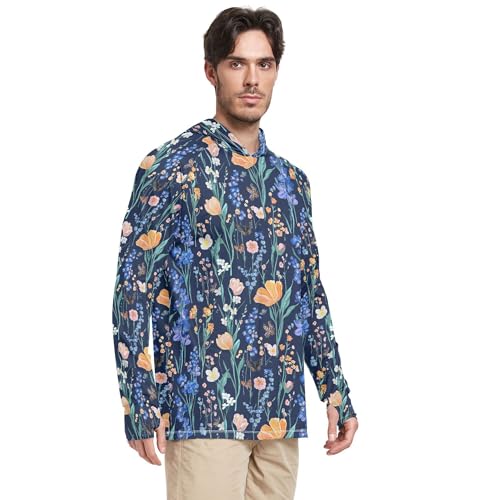 Impressionism Style Blue Flowers Mens Sun Protection Hoodies Long Sleeve Active Wear UPF 50 + Beach Shirt S2