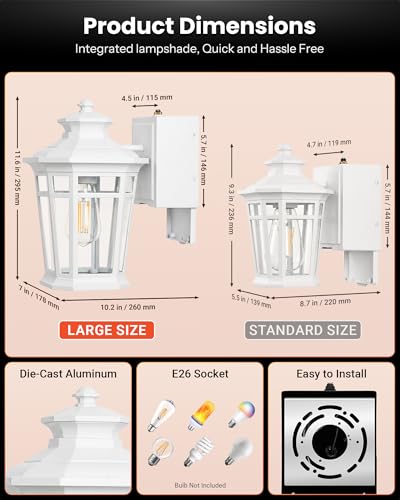 Image of Gleamz Large Porch Lights Outdoor with GFCI Outlet, White Exterior Lighting Fixtures with Dusk to Dawn Sensor, Front Porch Light Wall Mount, Patio Wall Light Fixture for Garden Front Door Coach