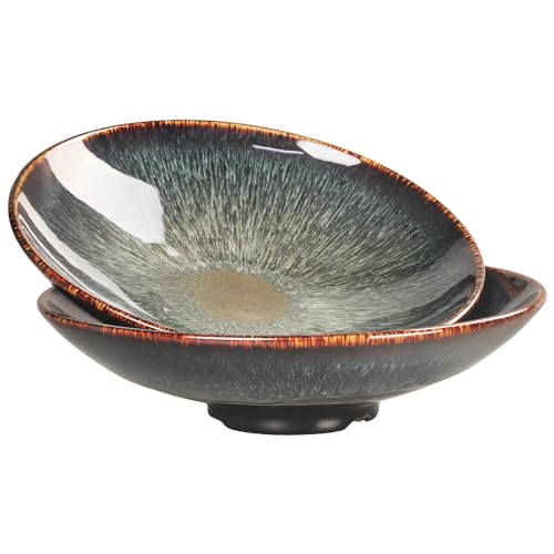 jinsongdafa Ceramic Pasta plate Set, 25 oz, Large Salad plate, Chip Resistant, Dishwasher Microwave Safe, Serving plate, Kitchen Dinnerware (Black ceramic glaze changes)