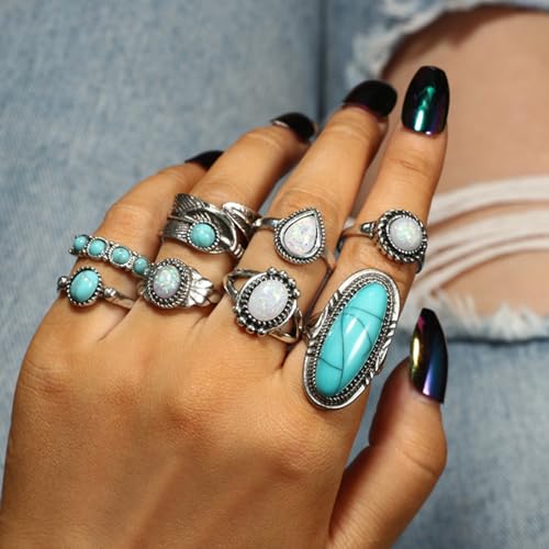 8 Pcs Bohemian Joint Knuckle Rings Set for Women,Vintage Oval Turquoise Finger Ring Opal Gemstone Teardrop Midi Rings Pack Punk Leaf Ring Party Daily Jewelry2
