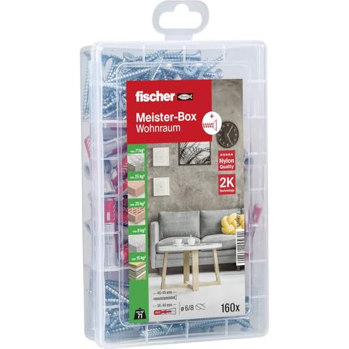 fischer Meister-Box Wohnraum 160-teiliges Dübel- und Schraubenset 6-8 mm Durchmesser 30-50 mm Länge für Heimwerker und Profis universeller Einsatz für unbekannte Untergründe im Innenbereich