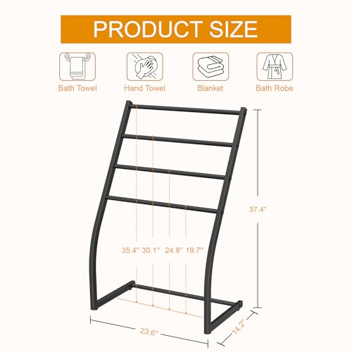 Honiter Towel Racks for Bathroom, 4 Tier Free Standing Bathroom Towel Rack, Black Metal Towel Holder Stand for Blanket Rack, Bathroom Poolside Beach, Next to Tub or Shower