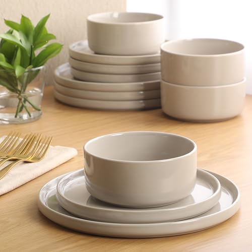 Image of Gibson Elite Moonstone 12 Piece Modern Stoneware Dinnerware Set for 4, Grey Plates and Bowls Set, Dinner Plates, Salad Plates, Bowls