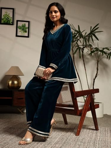 Image of Leriya Fashion Velvet Kurti Set for Woman | Short Kurti for Women | Co ord Set for Women Stylish Party Suit | Ethnic Office Everyday Wear & Casual Look | A Line Kurta Set for Woman
