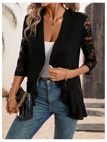 GORGLITTER Women's Lace Jacket Blazers 3/4 Sleeve Open Front Work Office Cardigan2