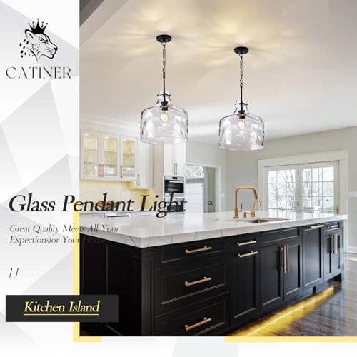 Image of CATINER 16 inch Farmhouse Hammered Glass Pendant Light, Black Hanging Light | 16 inch farmhouse hammered glass pendant light with hand-blown shade, adjustable chain and E26 socket for kitchen islands