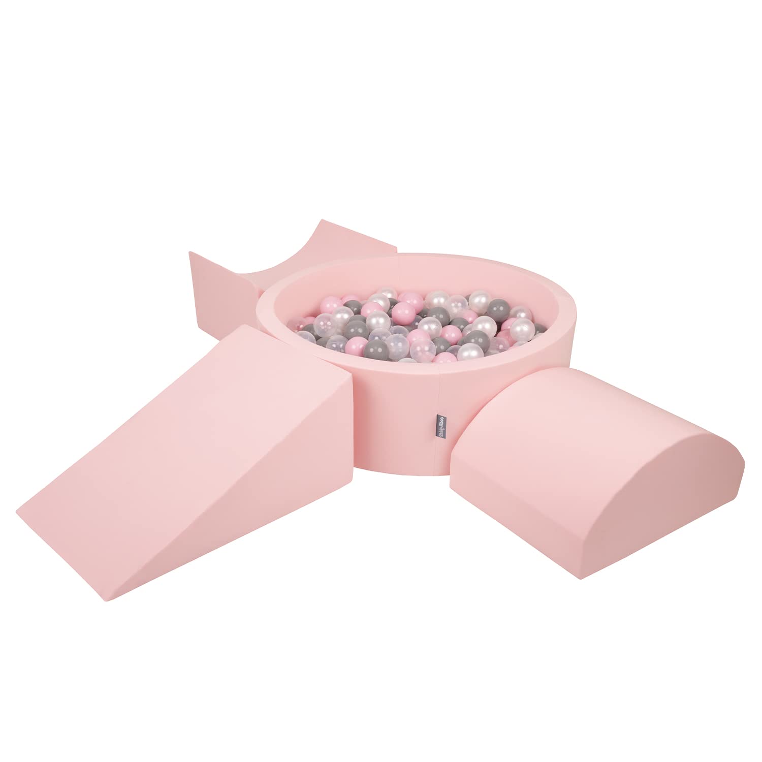 KiddyMoon Foam Playground For Kids With Round Ballpit (200 Balls ∅ 7Cm/2.75In) Soft Obstacles Course And Ball Pool, Made In The EU, Pink:Pearl/Grey/Transparent/Powder Pink