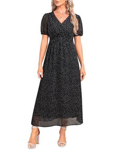 Image of Holipick Women Summer Casual Dress Wedding Guest V Neck Short Sleeves Smocked Waist Chiffon Swing Knee Length Midi Dresses